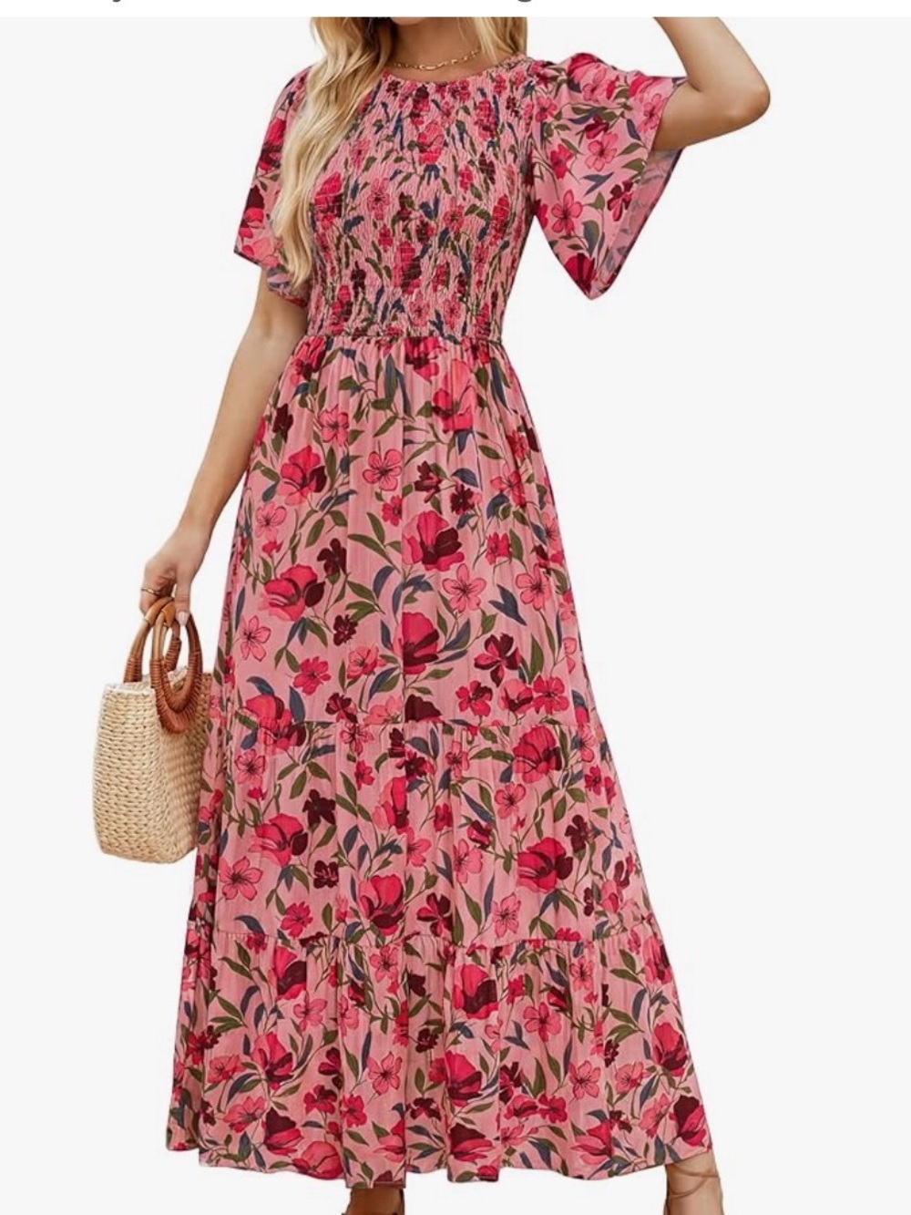 Polagram Pink Maxi Dress with Red & Mustard Floral Print